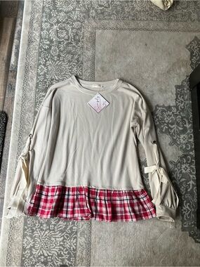 twenty second Beige Long-Sleeve Top with Red Plaid Ruffle